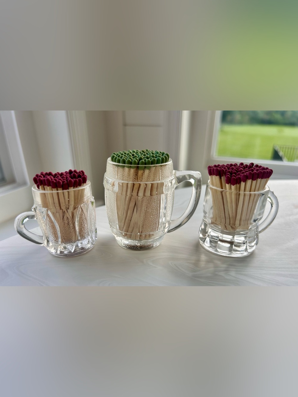 Vintage set of Glass Mugs w striker red green tipped Matchsticks Holders candle
